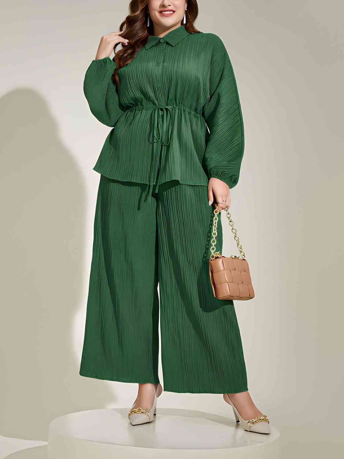 Plus Size Collared Neck Buttoned Top and Wide Leg Pants Set