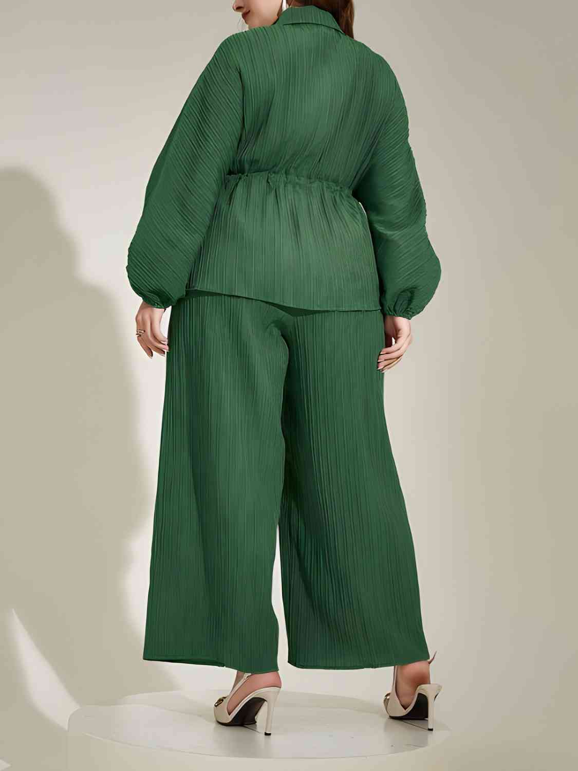 Plus Size Collared Neck Buttoned Top and Wide Leg Pants Set