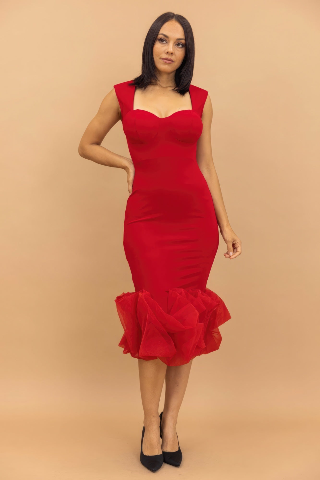 Red Organza Ruffle Detailed Fashion Dress