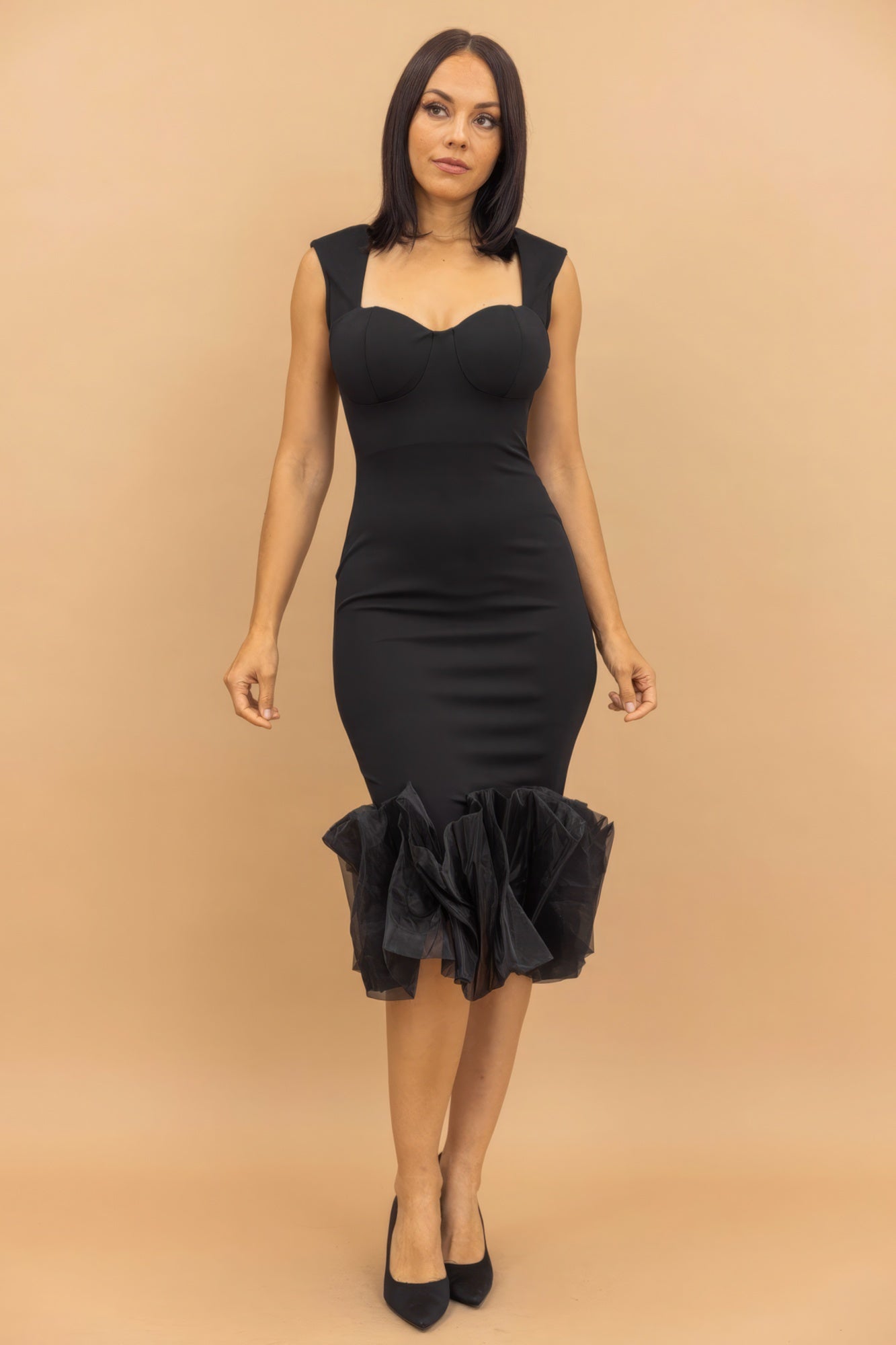 Black Organza Ruffle Detailed Fashion Dress