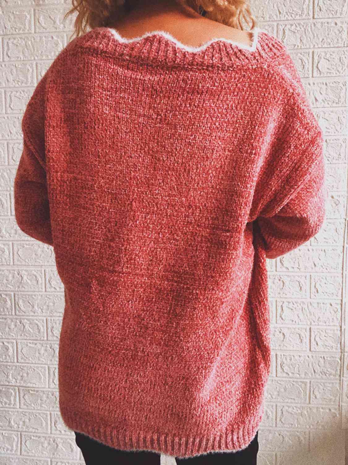 Notched Dropped Shoulder Long Sleeve Sweater