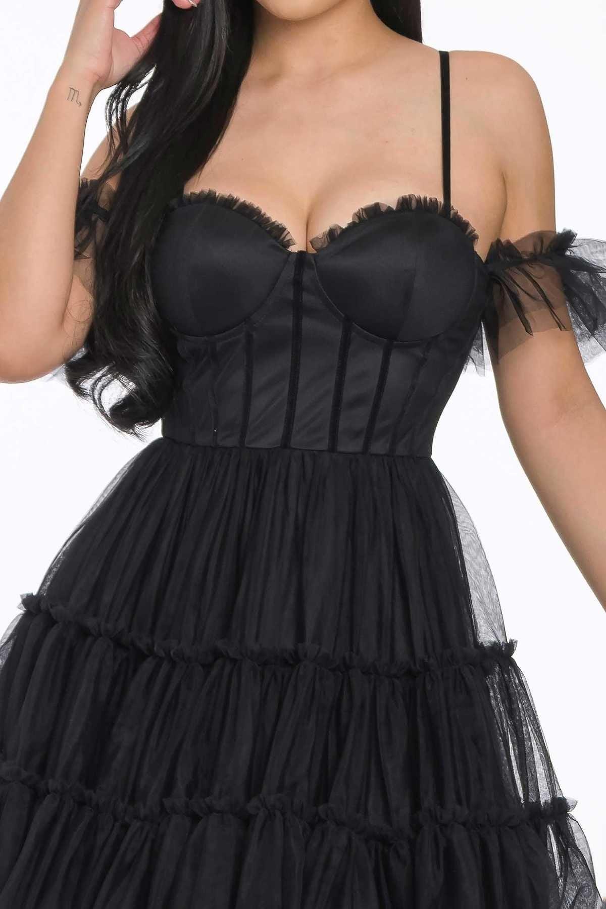 Black Off-the-shoulder Puff Mini Dress - SAVLUXE