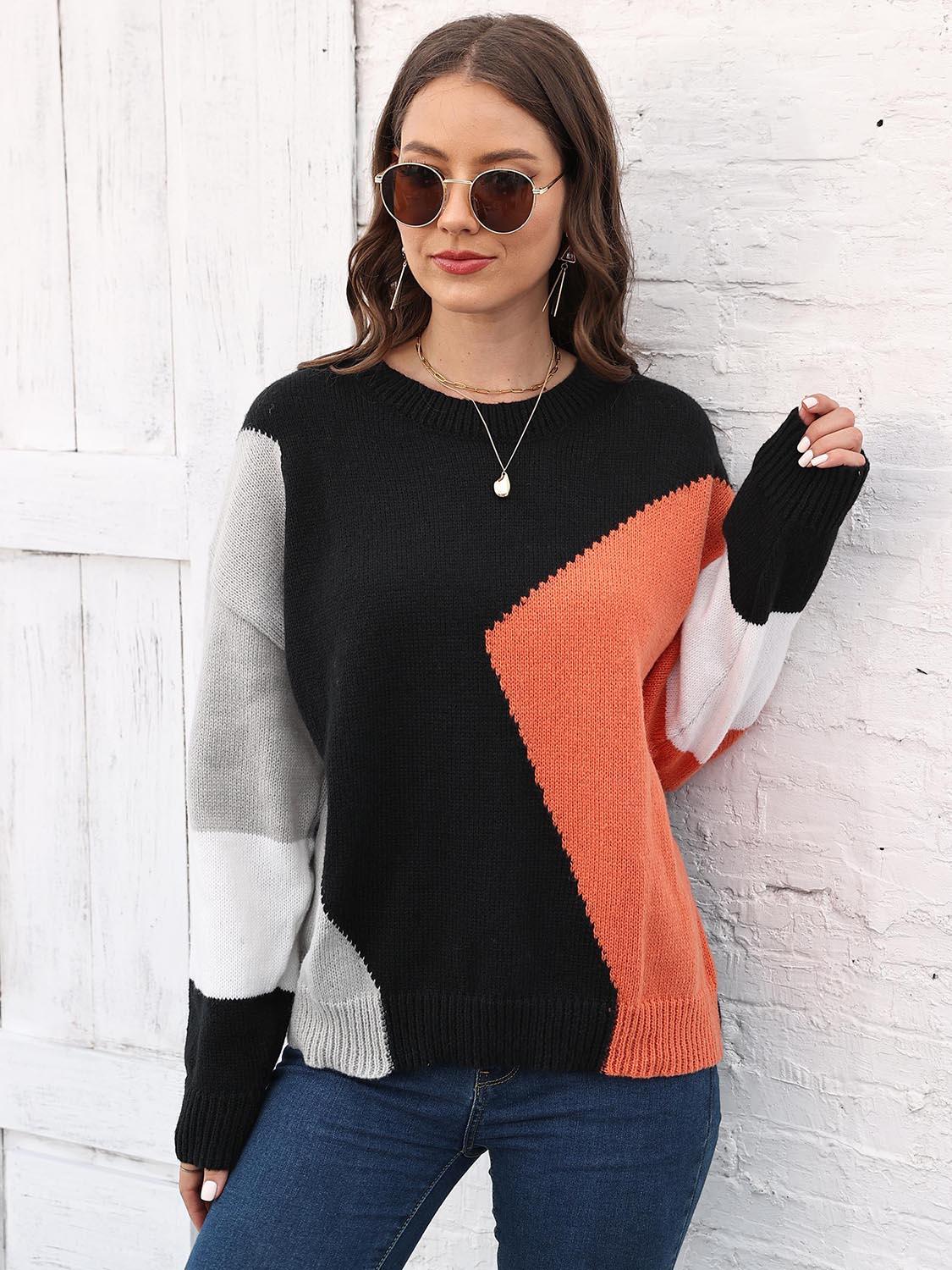 Color Block Round Neck Sweater - SAVLUXE