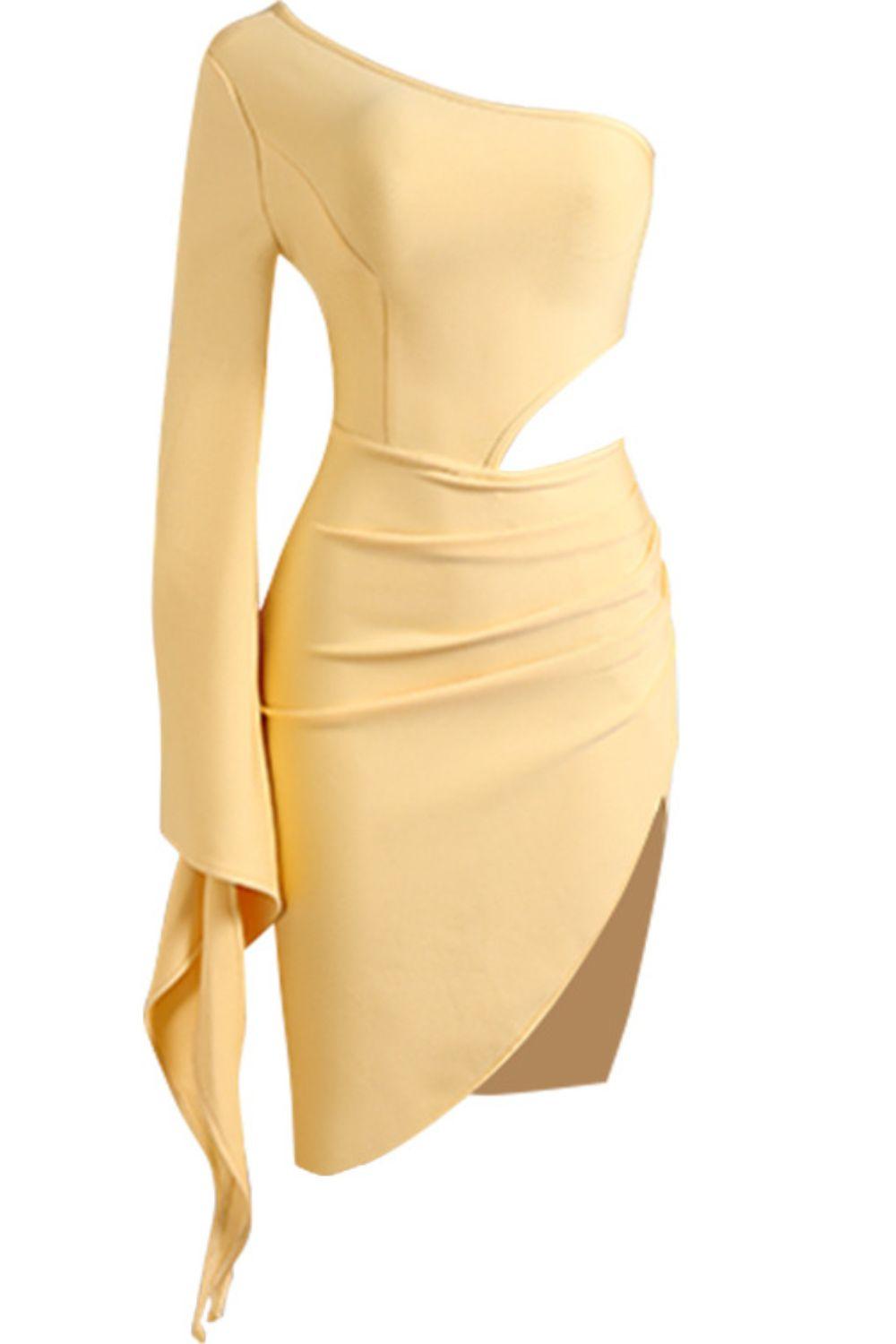 Cutout Split Flare Sleeve One-Shoulder Dress - SAVLUXE