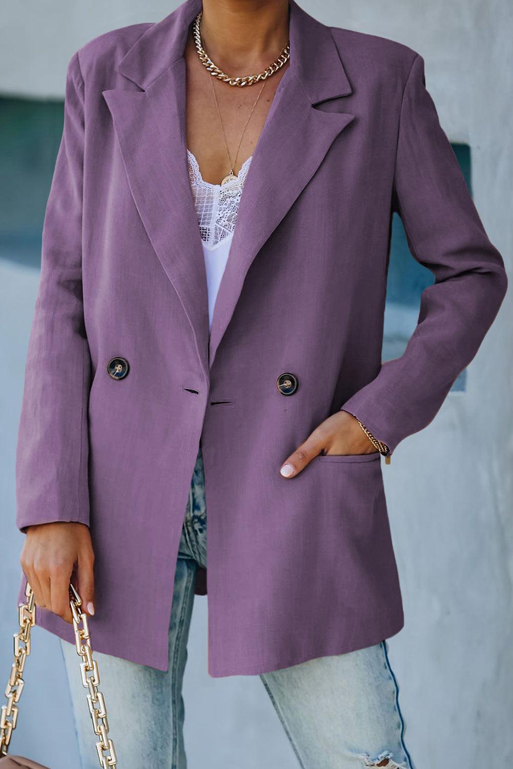 Double Take Double-Breasted Padded Shoulder Blazer with Pockets - SAVLUXE