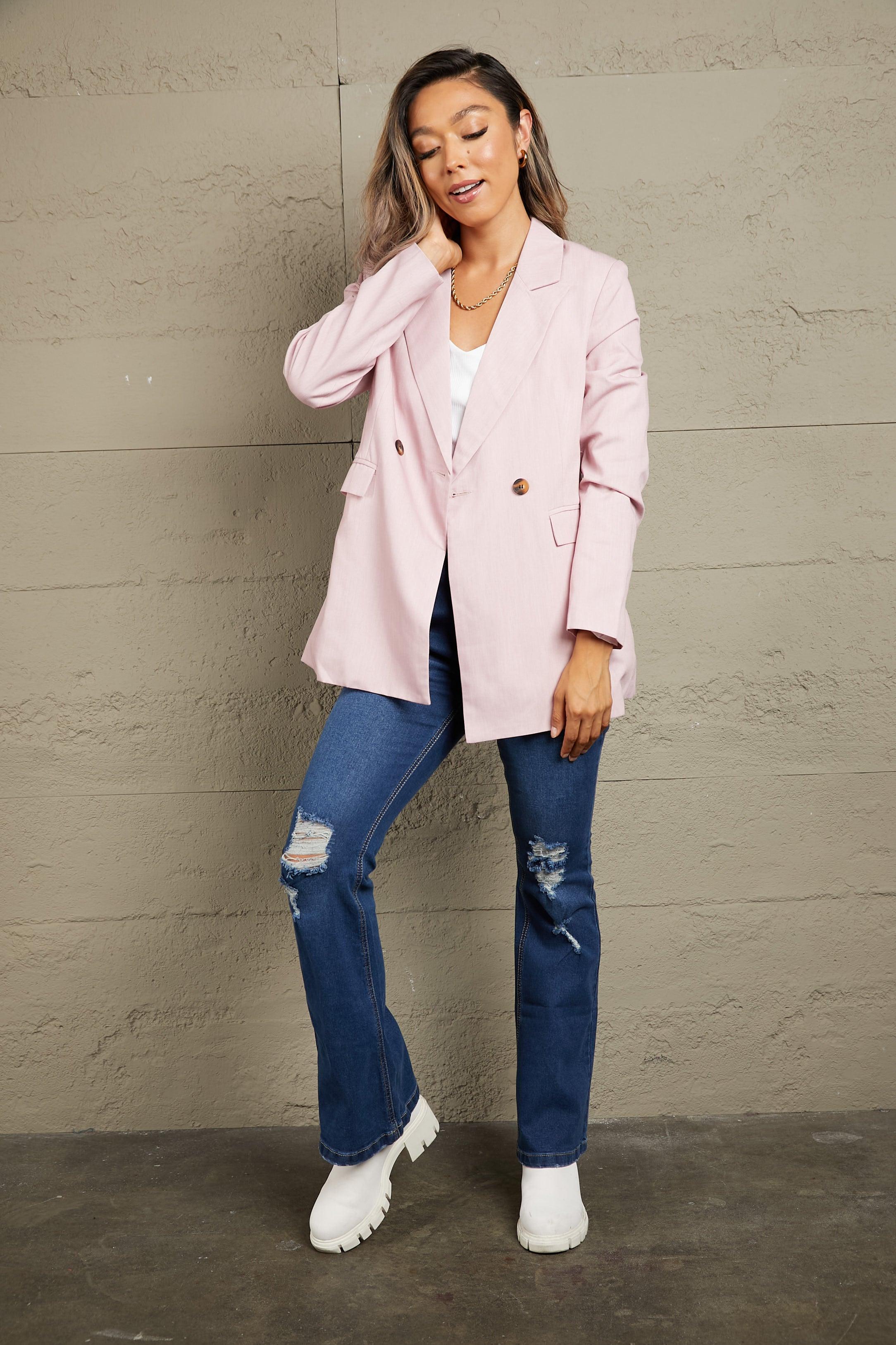 Double Take Double-Breasted Padded Shoulder Blazer with Pockets - SAVLUXE