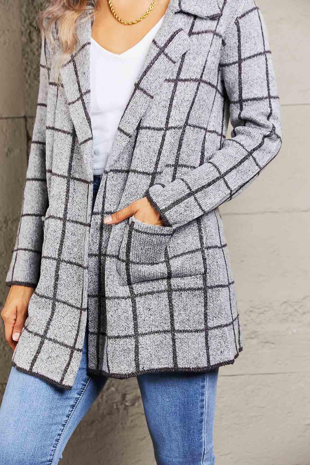 Double Take Printed Open Front Lapel Collar Cardigan with Pockets - SAVLUXE