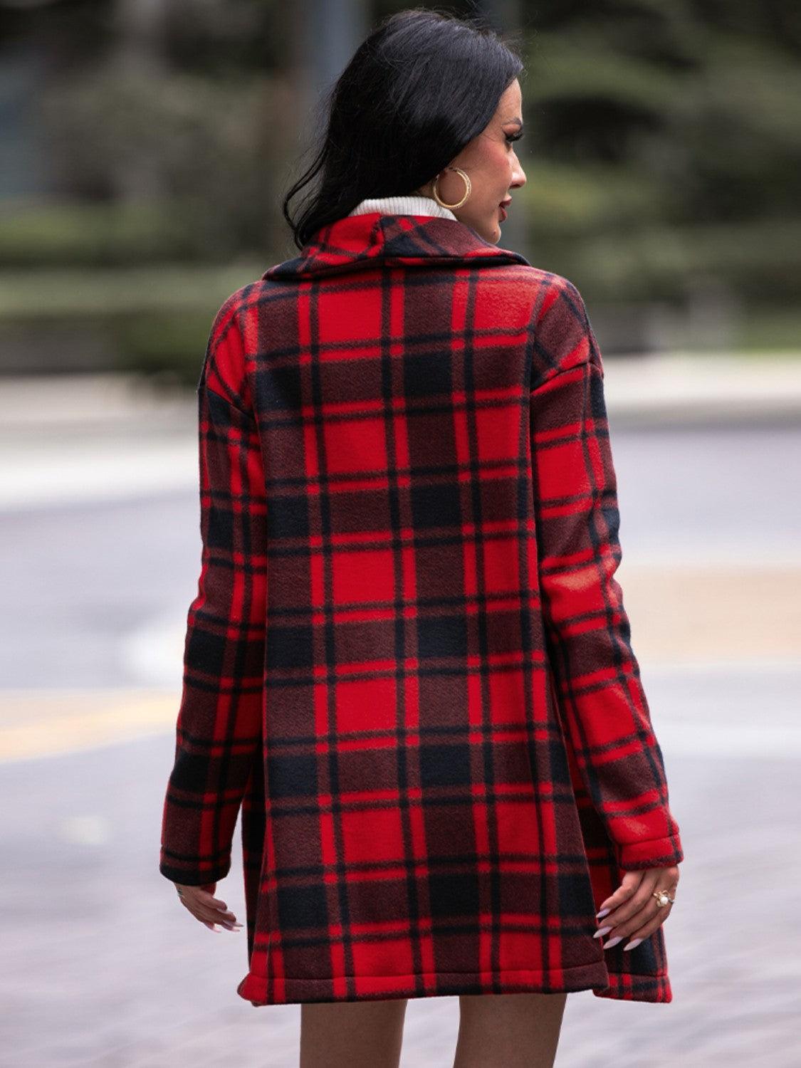 Plaid Shawl Collar Coat with Pockets - SAVLUXE