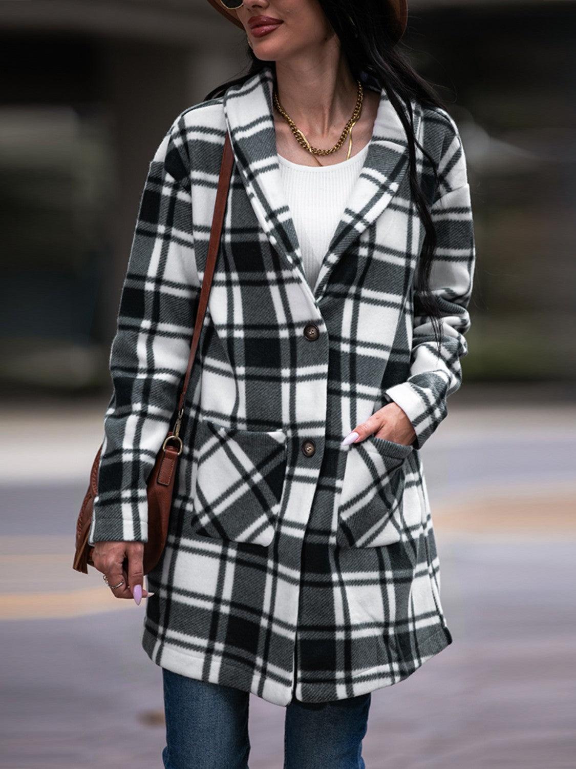 Plaid Shawl Collar Coat with Pockets - SAVLUXE