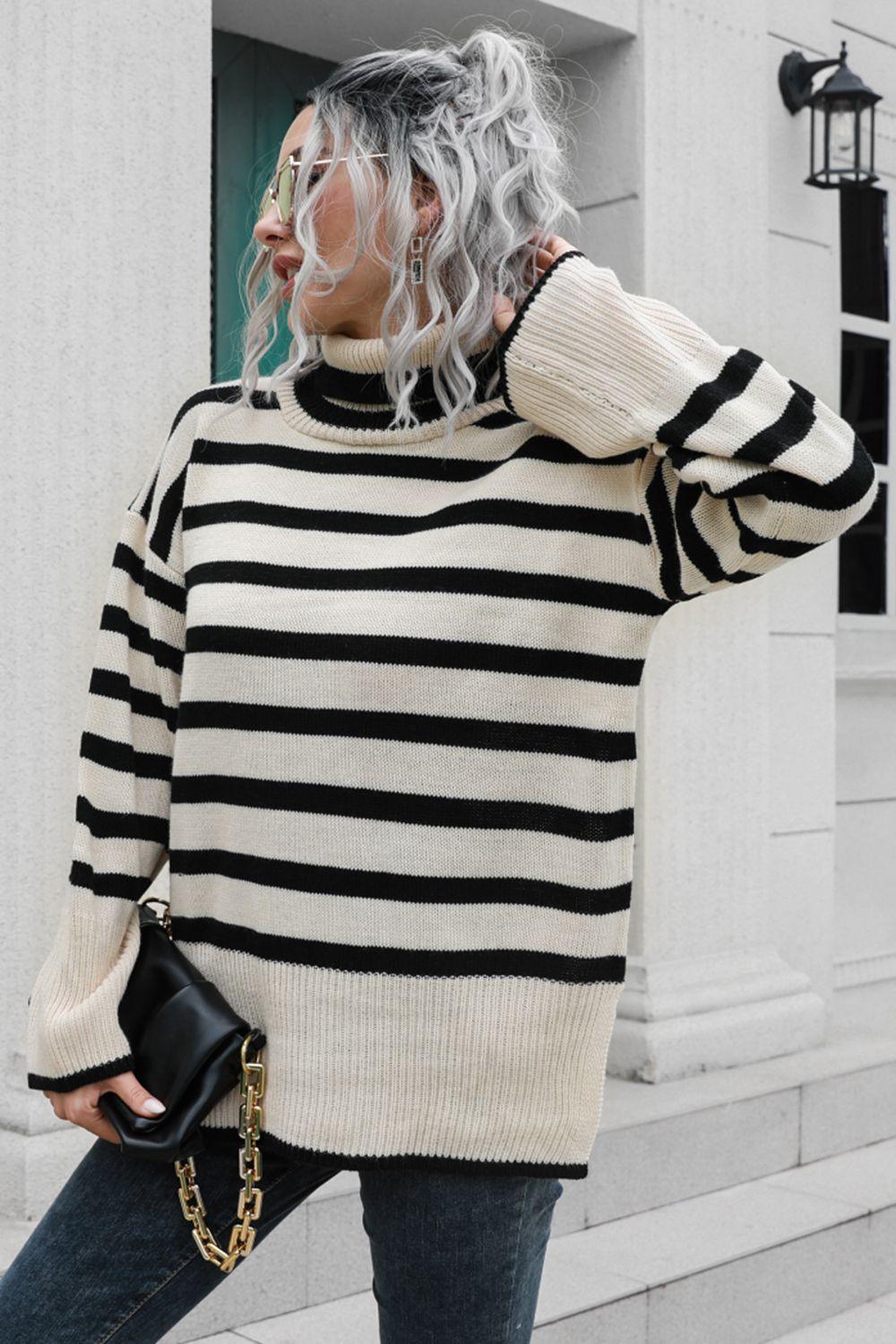 Striped Turtleneck Drop Shoulder Sweater - SAVLUXE